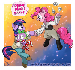 Size: 900x841 | Tagged: safe, artist:hazurasinner, pinkie pie, spike, twilight sparkle, pony, g4, bipedal, clothes, david bowie, female, goblin king, jareth, juggling, labyrinth (movie), lesbian, movie reference, ship:twinkie, shipping, speech bubble