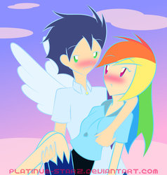 Size: 1024x1075 | Tagged: safe, artist:platinum-starz, rainbow dash, soarin', human, g4, blushing, female, humanized, light skin, male, ship:soarindash, shipping, straight