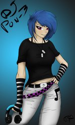 Size: 690x1157 | Tagged: safe, artist:ninjapony, dj pon-3, vinyl scratch, human, g4, alternative, belt, black shirt, clothes, denim, dog tags, female, headphones, humanized, jeans, light skin, pants, shirt, solo