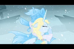 Size: 1500x1000 | Tagged: safe, artist:fuutachimaru, alicorn, pony, unicorn, anna, crying, elsa, frozen (movie), hug, ponified, spoiler, statue