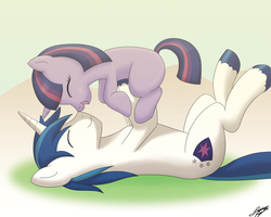 Size: 3240x2588 | Tagged: safe, artist:skecchiart, shining armor, twilight sparkle, pony, unicorn, g4, bbbff, boop, brother and sister, cute, daaaaaaaaaaaw, eyes closed, female, filly, filly twilight sparkle, happy, male, noseboop, on back, shining adorable, smiling, twiabetes, weapons-grade cute, younger