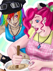 Size: 768x1024 | Tagged: safe, artist:kkbatoretto, pinkie pie, rainbow dash, human, g4, belly button, duo, female, humanized, lesbian, light skin, midriff, moderate dark skin, nail polish, ship:pinkiedash, shipping