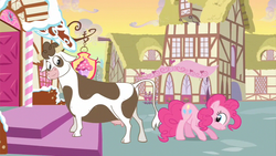 Size: 853x480 | Tagged: safe, screencap, daisy jo, pinkie pie, cow, earth pony, pony, a friend in deed, g4, cloven hooves, female, mare, out of context, udder