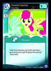Size: 869x1213 | Tagged: safe, enterplay, berry punch, berryshine, spring melody, sprinkle medley, strawberry sunrise, pegasus, pony, g4, my little pony collectible card game, premiere, ccg, looking at you, open mouth, open smile, smiling, spread wings, tail, wings