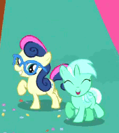 Size: 170x190 | Tagged: safe, screencap, bon bon, lyra heartstrings, sweetie drops, earth pony, pony, unicorn, g4, pinkie pride, season 4, adorabon, animated, best friends, cute, dancing, duo, eyes closed, female, filly, filly bon bon, filly lyra, friendshipping, gif, glasses, grin, happy, lyrabetes, ponies standing next to each other, raised hoof, raised leg, smiling, twisted bon bon, weapons-grade cute, younger