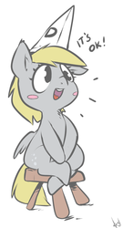 Size: 540x1000 | Tagged: safe, artist:atryl, derpy hooves, pegasus, pony, g4, cute, derpabetes, dunce hat, female, hat, mare, open mouth, sitting, smiling, solo, stool