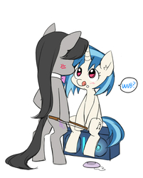 Size: 600x746 | Tagged: safe, artist:re_ghotion, dj pon-3, octavia melody, vinyl scratch, earth pony, pony, unicorn, g4, bipedal, cute, duo, simple background, sitting, white background, wub