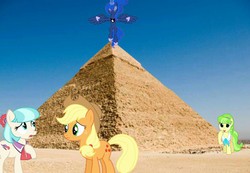 Size: 636x441 | Tagged: safe, applejack, chickadee, coco pommel, ms. peachbottom, princess luna, g4, desert, irl, photo, ponies in the desert, ponies in the forest, pyramid