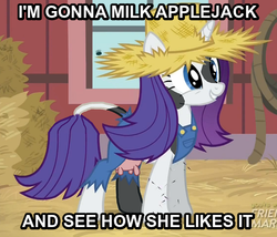 Size: 499x428 | Tagged: safe, edit, edited screencap, screencap, rarity, cow, cow pony, g4, simple ways, caption, female, image macro, implied milking, raricow, rarihick, solo, species swap, tail, tail hole, udder