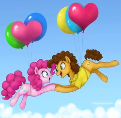 Size: 906x882 | Tagged: safe, artist:mn27, cheese sandwich, pinkie pie, g4, pinkie pride, season 4, balloon, eye contact, female, floating, holding hooves, male, open mouth, ship:cheesepie, shipping, sky, smiling, straight, then watch her balloons lift her up to the sky