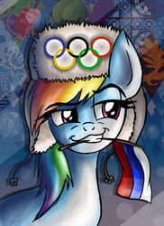Size: 558x768 | Tagged: artist needed, safe, rainbow dash, g4, female, flag, mouth hold, olympic rings, olympics, russian, smugdash, sochi 2014, solo