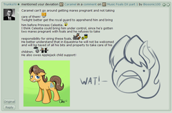 Size: 748x490 | Tagged: safe, artist:nekocrispy, caramel, earth pony, pony, rabbit, g4, child support, comments, deviantart, emoticon, male, pregnant, sketch, socially awkward pony, stallion, text, wall of text, wat, what the fuck am i reading