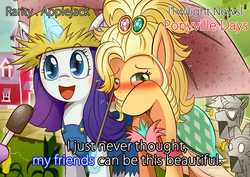 Size: 2121x1500 | Tagged: safe, artist:vavacung, applejack, rarity, spike, trenderhoof, twilight sparkle, dragon, earth pony, pony, unicorn, g4, simple ways, :d, applejewel, blushing, clothes, covering, cute, dress, embarrassed, female, hat, horrified, implied shipping, implied sparity, implied straight, implied trenderity, implied trenderjack, interview, jackabetes, jaw drop, lesbian, magic, male, mare, meme, microphone, observer, open mouth, raribetes, rarihick, ship sinking, ship:rarijack, shipping, shipping denied, shocked, smiling, special feeling, stallion, stoned, straw hat, subtitles, surprised, the horror, tsundere, tsunjack, umbrella