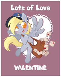 Size: 1181x1471 | Tagged: safe, artist:frogmakesart, derpy hooves, pony, g4, female, flying, mail, mailbag, mailmare, mailpony, solo, valentine, valentine's day