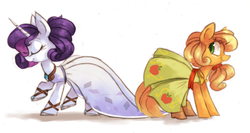 Size: 1280x683 | Tagged: safe, artist:askpopcorn, applejack, rarity, g4, alternate hairstyle, clothes, dress, fashion