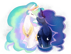 Size: 956x734 | Tagged: safe, artist:powaito, princess celestia, princess luna, alicorn, pony, g4, boop, cute, duo, eyes closed, female, noseboop, nuzzling, royal sisters, siblings, simple background, sisters, white background