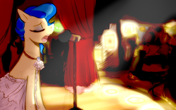 Size: 1280x799 | Tagged: safe, artist:vivian reed, sapphire shores, earth pony, pony, g4, ask-young-sapphire-shores, cabaret, classy, clothes, club, dress, eyes closed, eyeshadow, female, humble beginnings, makeup, mare, microphone, origin, origin story, origins, short hair, short mane, singing, sitting, spotlight, stage, younger