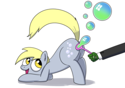 Size: 500x353 | Tagged: safe, artist:catfood-mcfly, derpy hooves, oc, oc:anon, pegasus, pony, g4, blowing bubbles, bubble, fart, farting bubbles, female, implied farting, mare