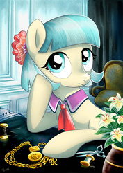 Size: 636x900 | Tagged: safe, artist:yulyeen, coco pommel, earth pony, pony, g4, chains, chair, female, flower, leaning, looking at you, mare, necklace, portrait, pretty, scissors, solo, spool