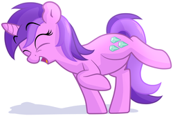 Size: 2045x1377 | Tagged: safe, artist:furrgroup, amethyst star, sparkler, pony, unicorn, g4, eyes closed, female, happy, mare, open mouth, raised hoof, raised leg, shadow, simple background, smiling, solo, standing on two hooves, white background
