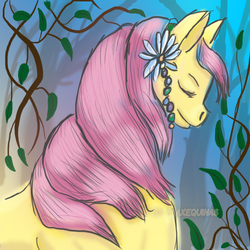 Size: 800x800 | Tagged: safe, artist:paxequinas, fluttershy, pony, g4, blue, day, female, flower, forest, mare, nature, pink, plants, solo, yellow