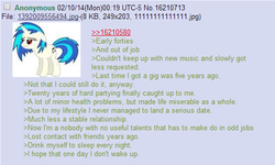 Size: 505x304 | Tagged: safe, dj pon-3, vinyl scratch, g4, /mlp/, 4chan, 4chan screencap, feels, greentext, sad, text, where are they now