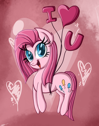 Size: 980x1249 | Tagged: safe, artist:daniel-sg, pinkie pie, earth pony, pony, balloon, cute, cuteamena, female, floating, happy, heart, i love you, looking at you, pinkamena diane pie, smiling, solo, then watch her balloons lift her up to the sky