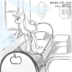 Size: 1357x1357 | Tagged: safe, artist:bastardo-kun, applejack, earth pony, pony, g4, bed, bipedal, bipedal leaning, female, loose hair, monochrome, mug, solo, window