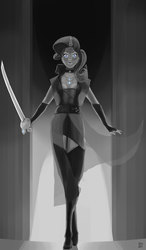 Size: 1851x3159 | Tagged: safe, artist:polyle, rarity, human, g4, grayscale, humanized, monochrome, neo noir, partial color, sword, weapon