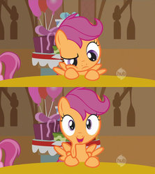 Size: 1268x1426 | Tagged: safe, artist:dtkraus, edit, scootaloo, g4, balloon, cheeks, sagging, wat