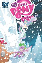 Size: 633x960 | Tagged: safe, artist:tony fleecs, idw, princess celestia, spike, alicorn, dragon, pony, g4, cover, duo, duo male and female, female, male, snow, snowfall