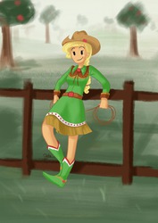 Size: 905x1280 | Tagged: safe, artist:artbydana, applejack, human, g4, female, fence, humanized, leaning, orange skin, rope, solo