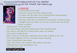 Size: 536x371 | Tagged: safe, princess cadance, g4, /mlp/, 4chan, 4chan screencap, feels, greentext, hilarious in hindsight, immortality blues, sad, text, where are they now