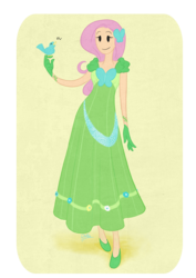 Size: 905x1280 | Tagged: safe, artist:artbydana, fluttershy, bird, human, g4, clothes, dress, female, humanized, light skin, solo