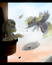 Size: 1285x1598 | Tagged: dead source, safe, artist:w-lanier, derpy hooves, doctor whooves, time turner, earth pony, pegasus, pony, g4, 2014, backlighting, balcony, blushing, duo, duo male and female, eye contact, female, flying, letter, male, mare, mouth hold, ship:doctorderpy, shipping, stallion, straight, working