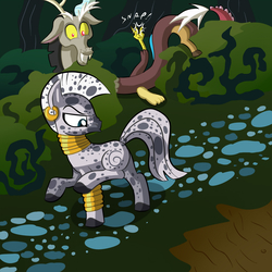 Size: 1280x1280 | Tagged: safe, artist:cgeta, discord, zecora, draconequus, zebra, g4, prank, spots