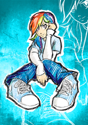 Size: 2480x3508 | Tagged: safe, artist:arucardpl, rainbow dash, human, g4, clothes, converse, female, humanized, light skin, shoes, sitting, solo