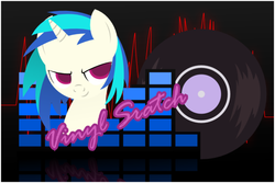 Size: 600x401 | Tagged: safe, artist:the-croolik, dj pon-3, vinyl scratch, pony, unicorn, g4, female, horn, mare, record, smiling, solo, text, vector