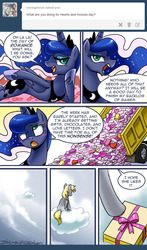 Size: 600x1023 | Tagged: safe, artist:johnjoseco, derpy hooves, princess luna, pegasus, pony, ask gaming princess luna, g4, candy, chocolate, cloud, cloudy, comic, female, food, hearts and hooves day, letter, love letter, mare, present, tumblr, valentine, wheel