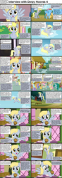 Size: 1282x3661 | Tagged: safe, derpy hooves, fluttershy, rainbow dash, sunshower raindrops, pegasus, pony, comic:celestia's servant interview, g4, background pony, caption, comic, implied spanking, interview, muffin