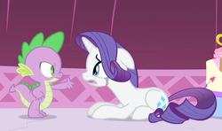 Size: 1102x652 | Tagged: safe, screencap, rarity, spike, dragon, pony, unicorn, g4, simple ways, crying, makeup, running makeup