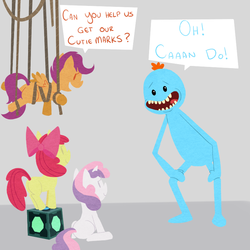 Size: 800x800 | Tagged: safe, artist:elslowmo, apple bloom, scootaloo, sweetie belle, earth pony, pegasus, pony, unicorn, g4, crossover, cutie mark crusaders, meeseeks and destroy, mr. meeseeks, rick and morty, this will end in tears, this will end in tears and/or death and/or covered in tree sap, tree sap and pine needles, xk-class end-of-the-world scenario