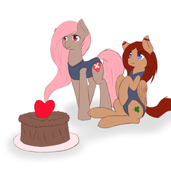 Size: 2000x2000 | Tagged: safe, artist:predkin333, oc, oc only, pegasus, pony, cake, clothes, duo, duo female, female, one-piece swimsuit, sitting, swimsuit