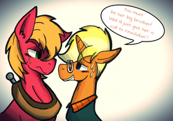 Size: 1280x896 | Tagged: safe, artist:wirelesspony, big macintosh, trenderhoof, earth pony, pony, g4, simple ways, asklyingapplejack, male, overprotective, stallion, sweat, tumblr