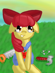 Size: 512x680 | Tagged: safe, artist:0mn0mn0m2, apple bloom, g4, crosscut saw, female, hammer, nails, overalls, saw, solo