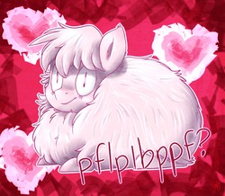 Size: 1280x1117 | Tagged: safe, artist:lizzyoli-ravioli, oc, oc only, oc:fluffle puff, pony, abstract background, creepy, creepy smile, heart, holiday, prone, shrunken pupils, smiling, solo, valentine, valentine's day, wide eyes