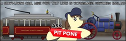 Size: 875x287 | Tagged: safe, artist:pitpony, oc, oc only, oc:pit pone, earth pony, pony, ask, askpitpone, banner, blog, britain, british, colorful, england, english, gravy, hat, header, northern, pone, sign, sky, solo, steam engine, street, title, traction engine, tram, trolley, tumblr, victorian, wall, wheel