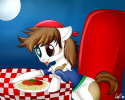 Size: 2495x2000 | Tagged: safe, artist:shyshyoctavia, pipsqueak, earth pony, g4, colt, eyepatch, foal, food, male, pipsqueak eating spaghetti, pirate costume, solo, spaghetti, table, tongue out