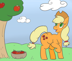 Size: 1280x1097 | Tagged: safe, artist:dennelx3, applejack, g4, apple, cloud, cloudy, female, food, looking back, solo, tree