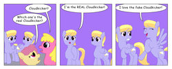 Size: 1024x415 | Tagged: safe, artist:t-brony, cherry berry, cloud kicker, dizzy twister, orange swirl, changeling, pegasus, pony, comic:friendship is tragic, g4, background pony, comic, female, mare, purple background, simple background, speech bubble